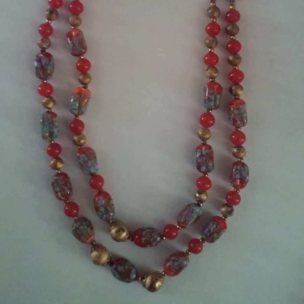 Necklace Beaded 2 Strand 17 1/2" Unlatched Orange Gold Blue Used